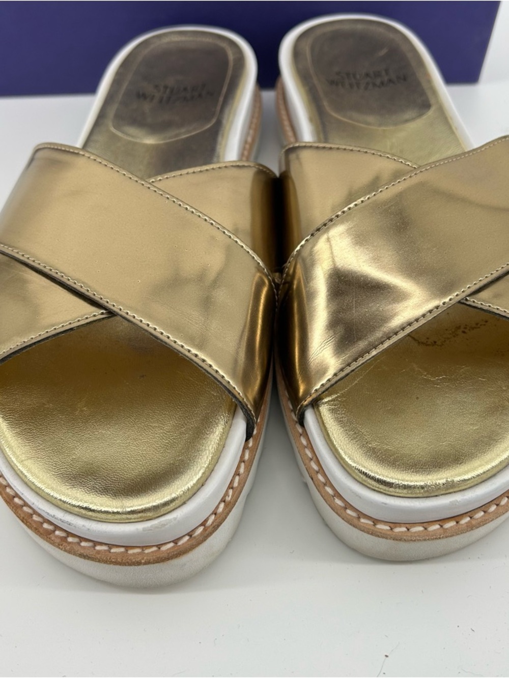 Stuart Weitzman Metallic Gold Crisscross Slide Mules - Picture 4 of 7
